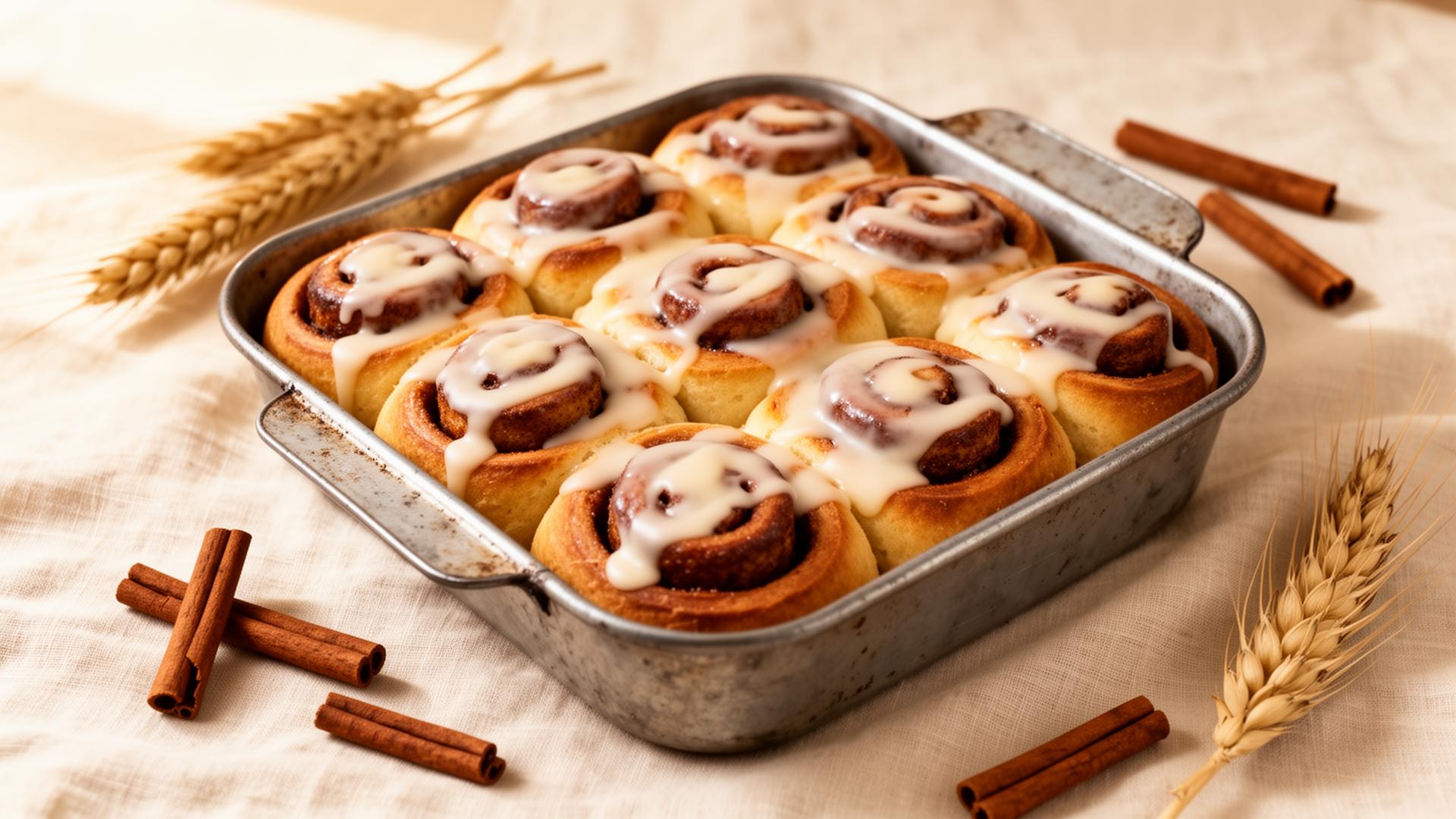 Freshly baked cinnamon rolls in a pan with creamy vanilla glaze